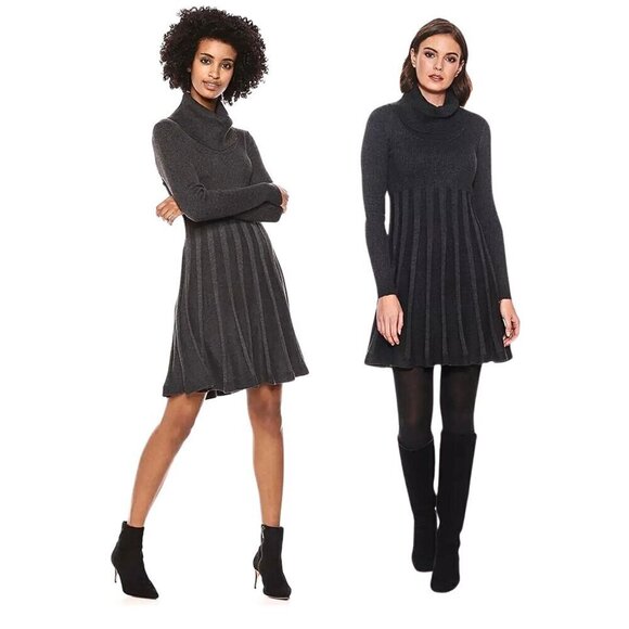 CALVIN KLEIN Black Gold Metallic Cowl Neck LS Fit & Flare Sweater Dress Size M - Picture 4 of 9